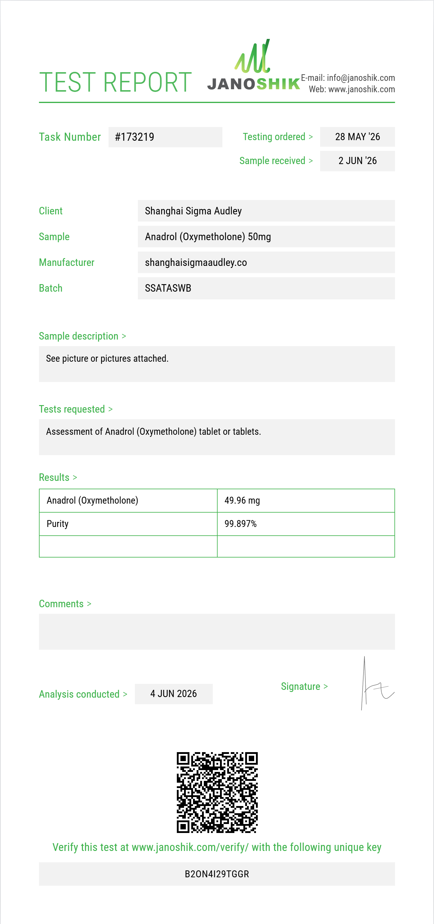 Anadrol (Oxymetholone) Purity (HPLC) report by Janoshik Analytical