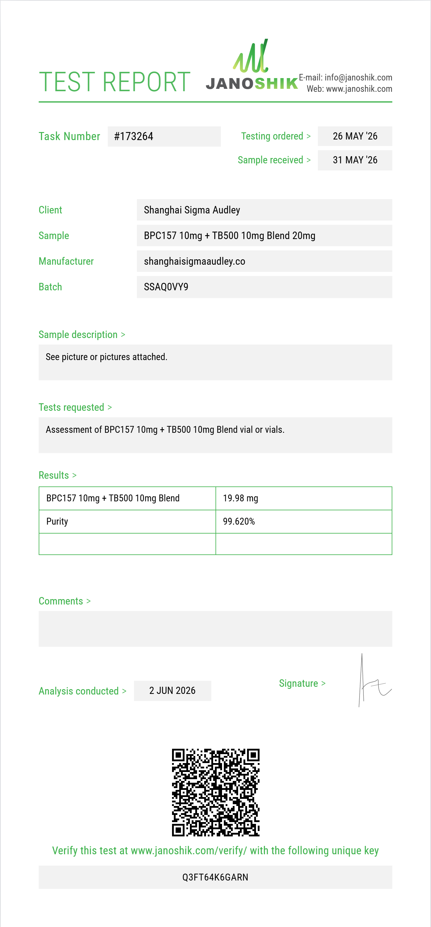 BPC157 10mg + TB500 10mg Blend Purity (HPLC) report by Janoshik Analytical