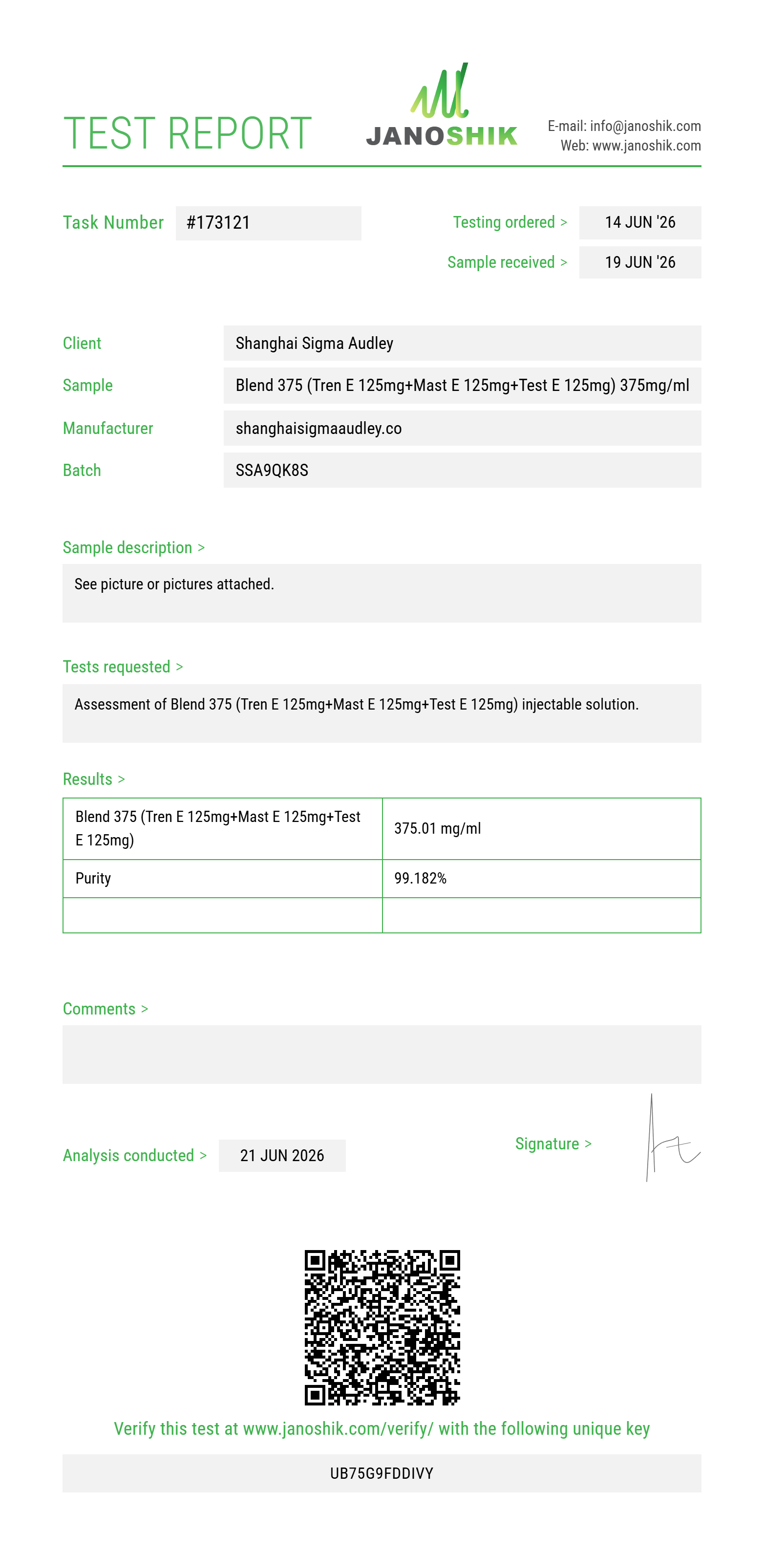 Blend 375 (Tren E 125mg+Mast E 125mg+Test E 125mg) Purity Test Report by Medu Laboratories