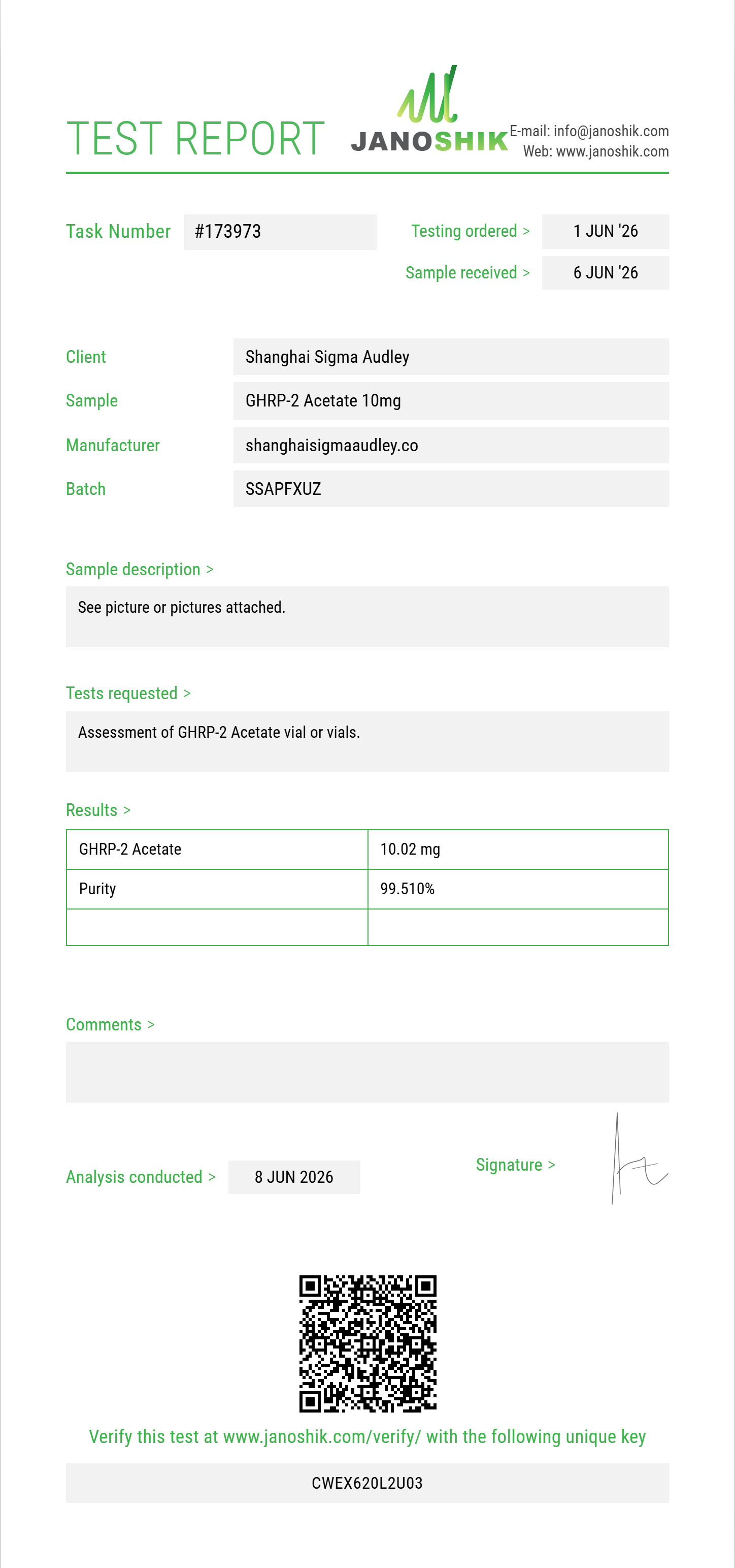 GHRP-2 Acetate Purity (HPLC) report by Janoshik Analytical