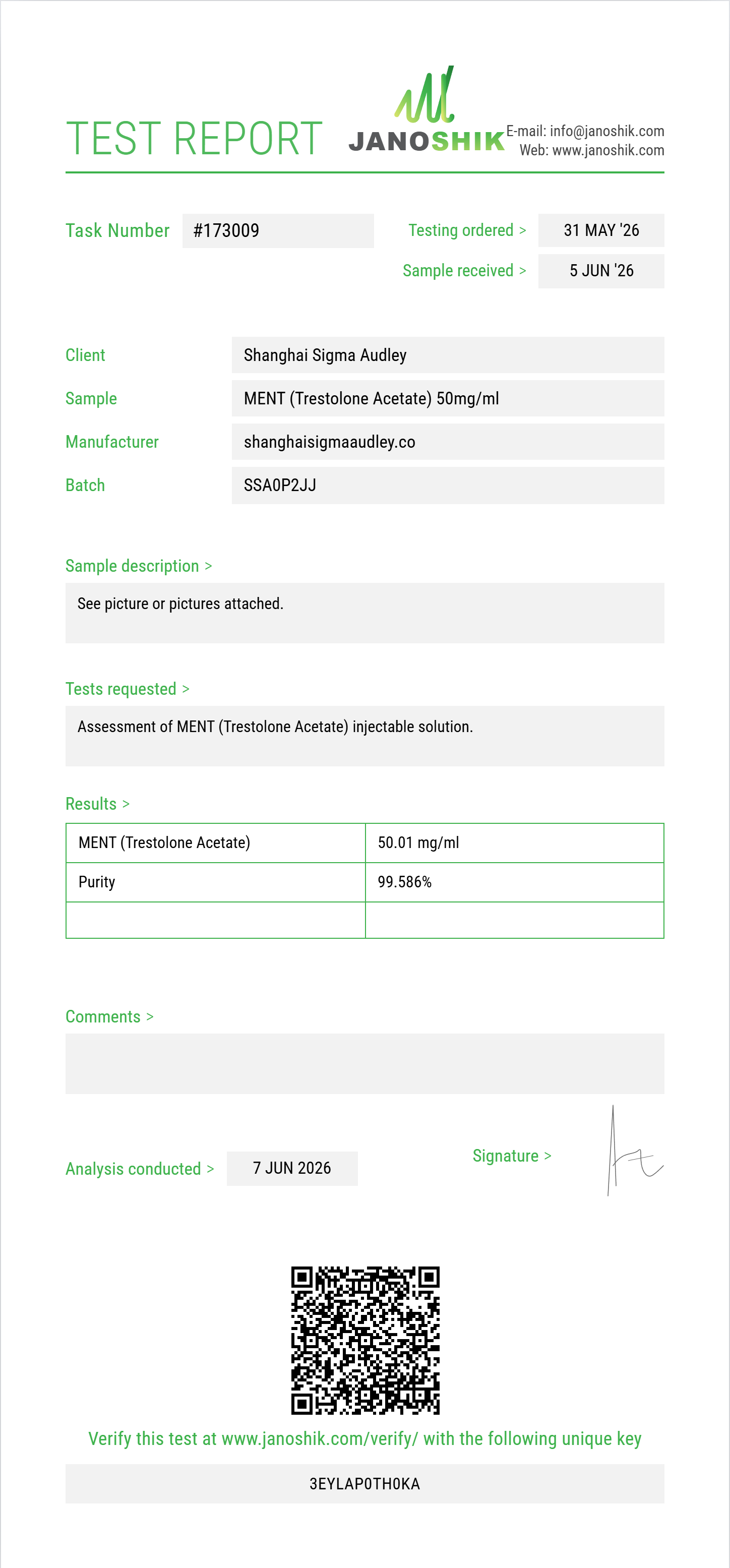 MENT (Trestolone Acetate) Purity (HPLC) report by Janoshik Analytical