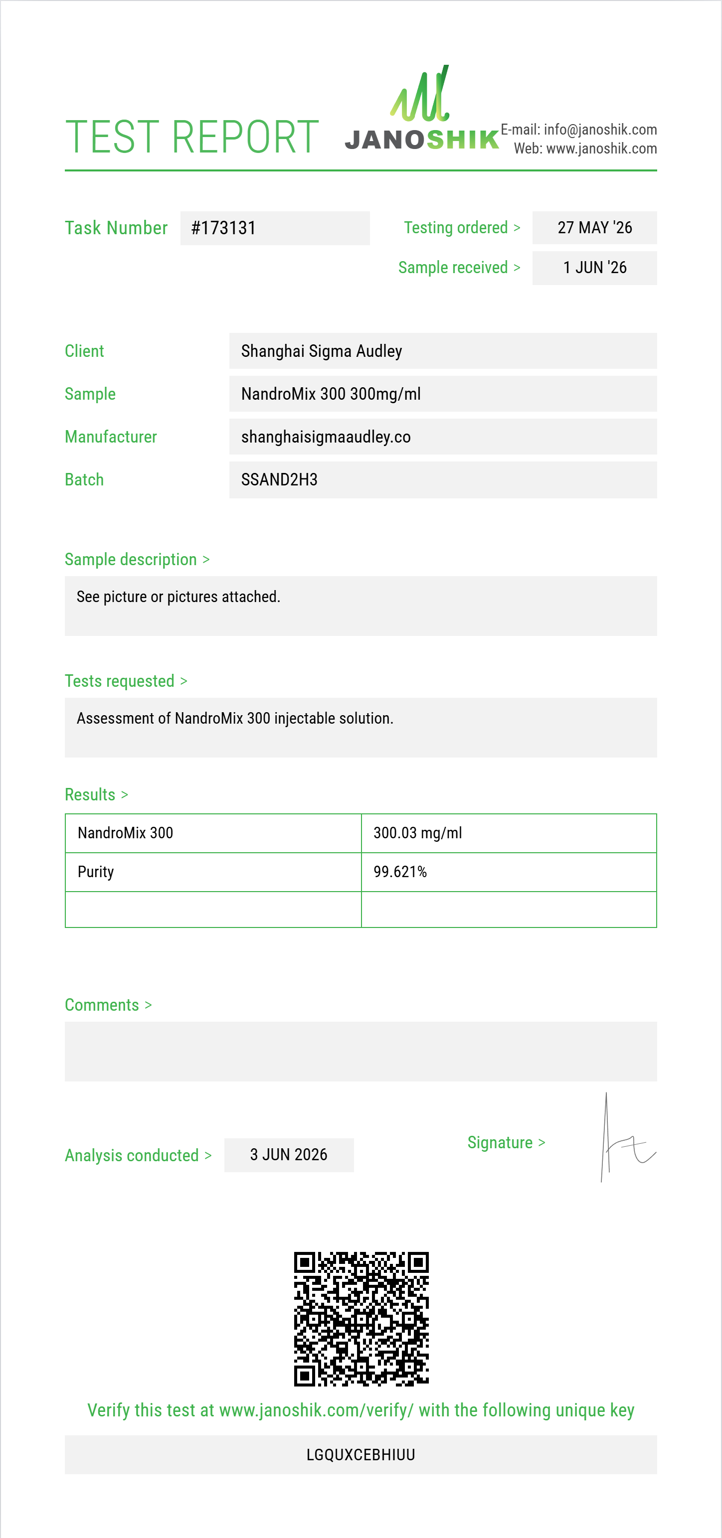 NandroMix 300 Purity (HPLC) report by Janoshik Analytical