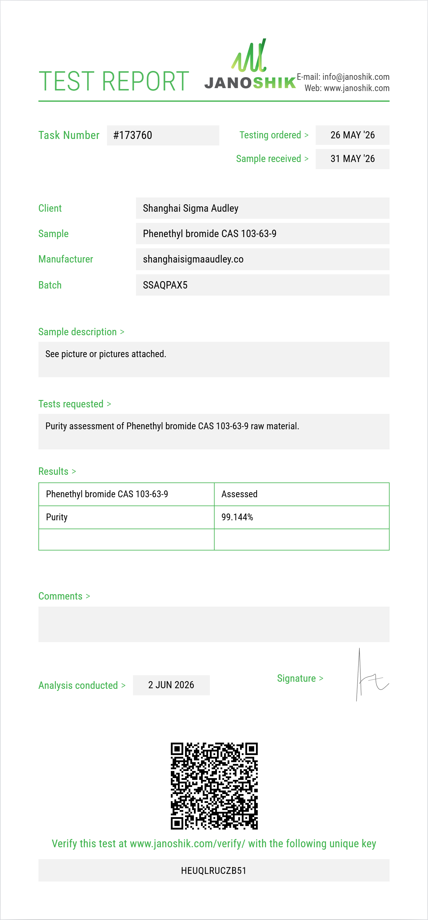 Phenethyl bromide (2-bromoethylbenzene) CAS 103-63-9 Purity (HPLC) report by Janoshik Analytical