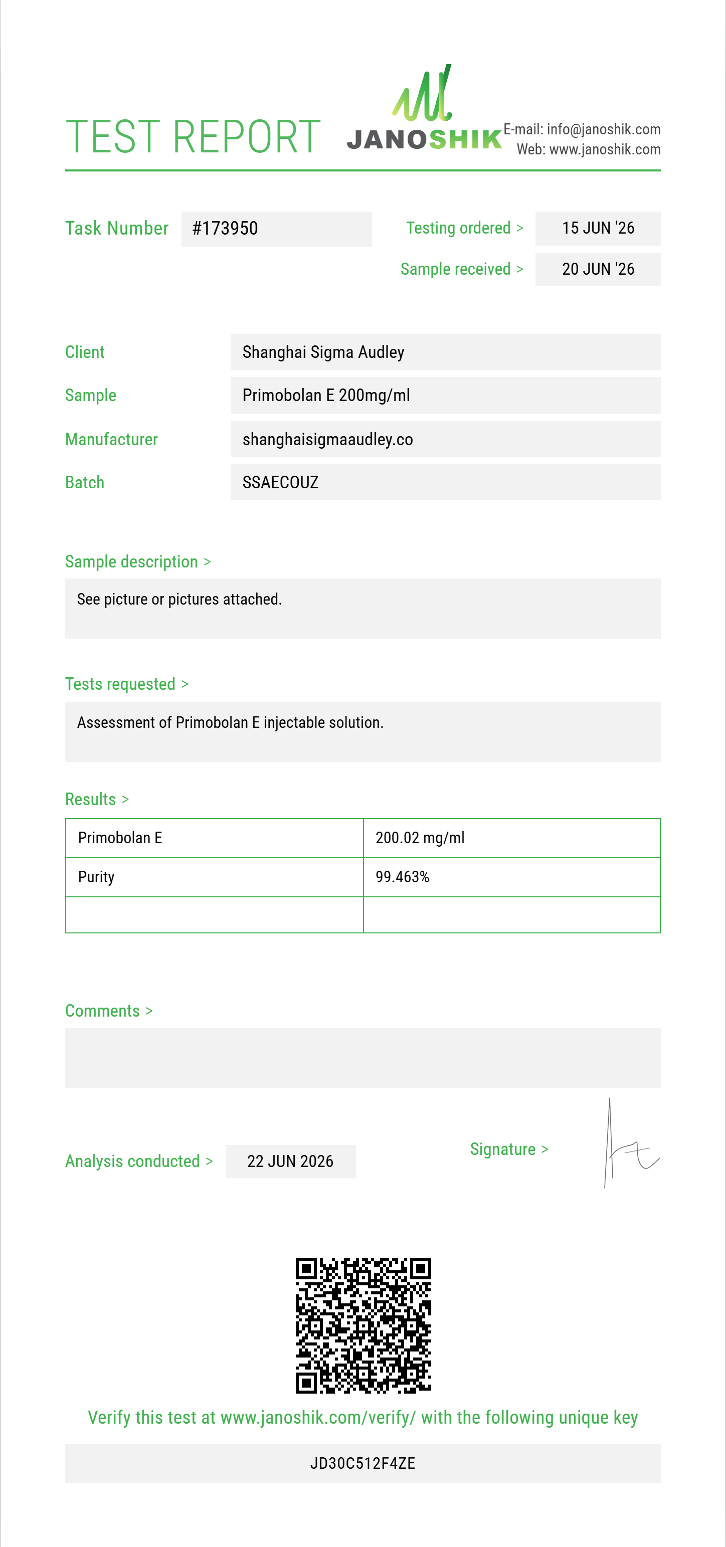 Primobolan E Purity (HPLC) report by Janoshik Analytical