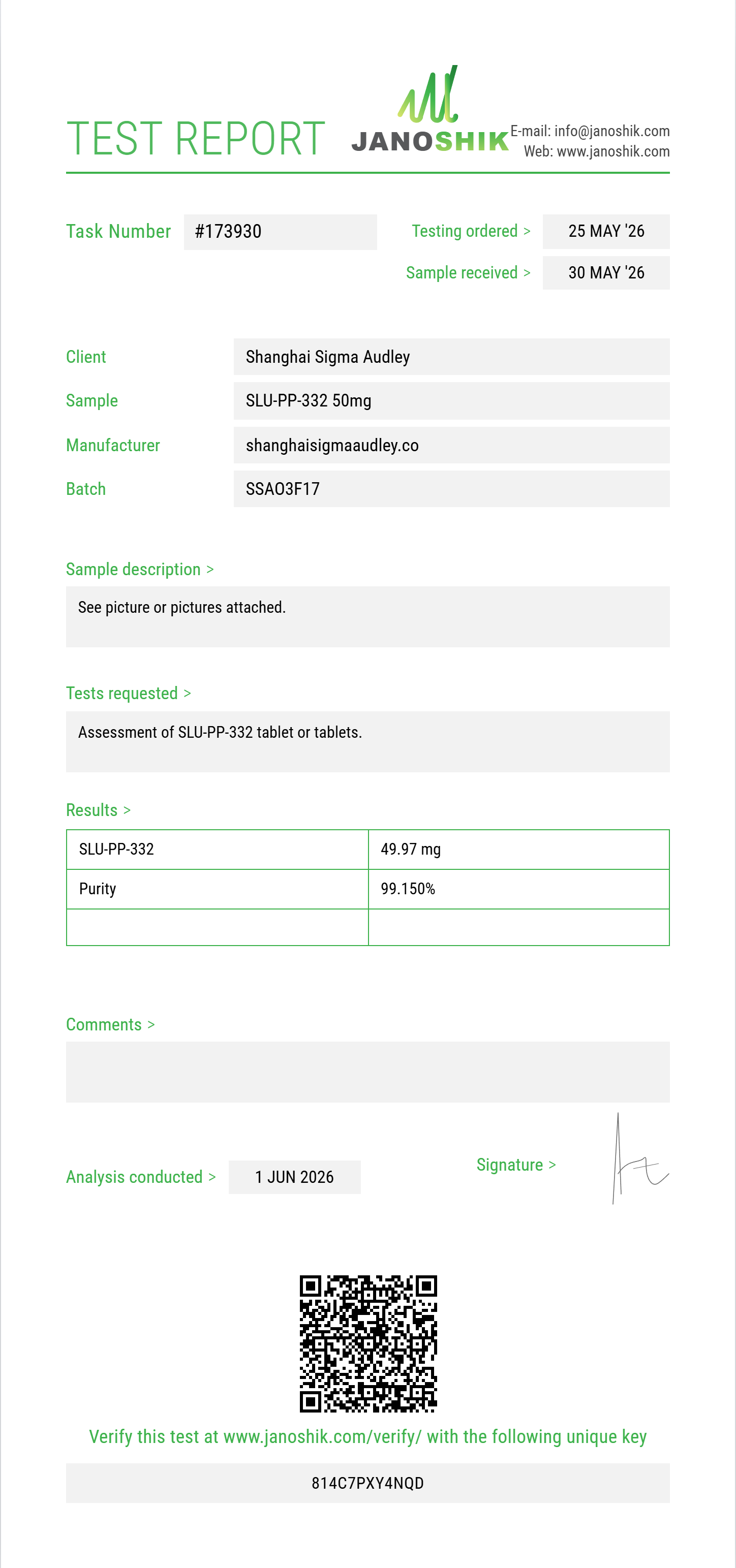 SLU-PP-332 Purity (HPLC) report by Janoshik Analytical