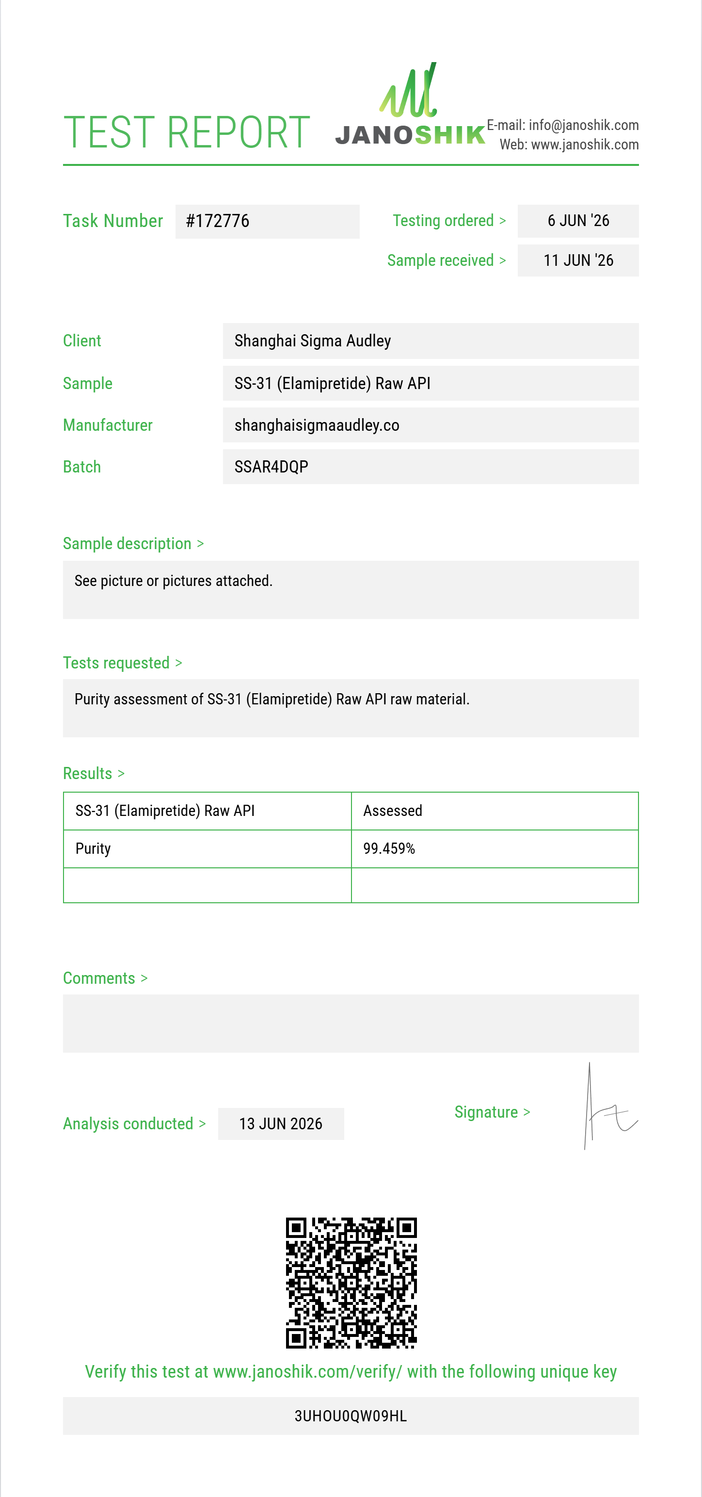 SS-31 (Elamipretide) Raw Purity (HPLC) report by Janoshik Analytical