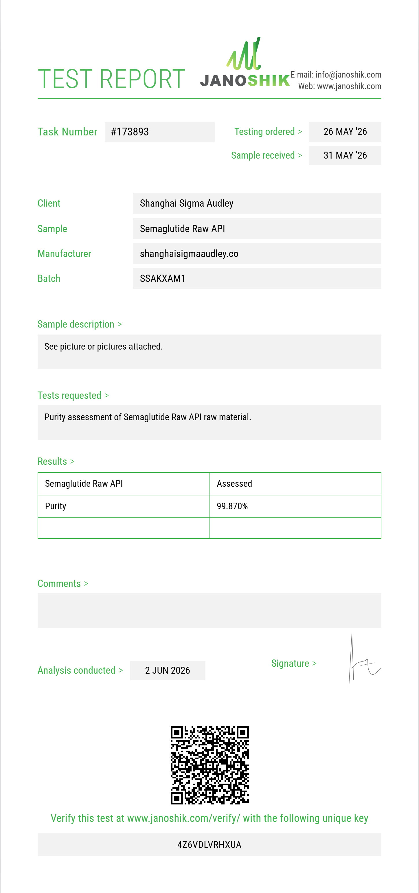 Semaglutide Raw Purity (HPLC) report by Janoshik Analytical