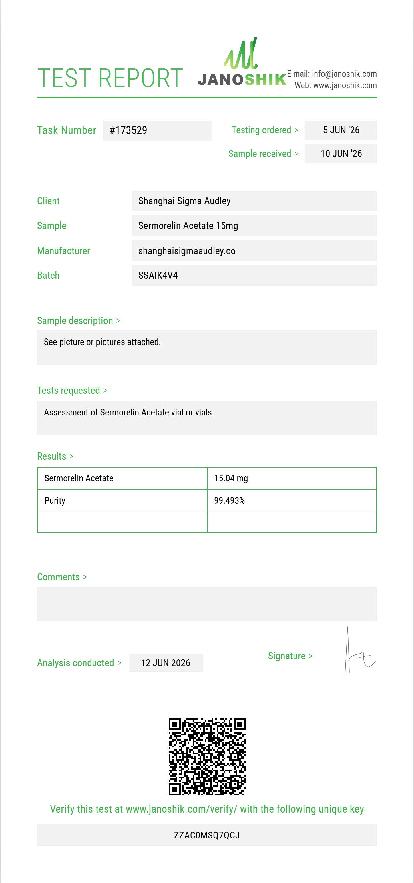 Sermorelin Acetate Purity (HPLC) report by Janoshik Analytical