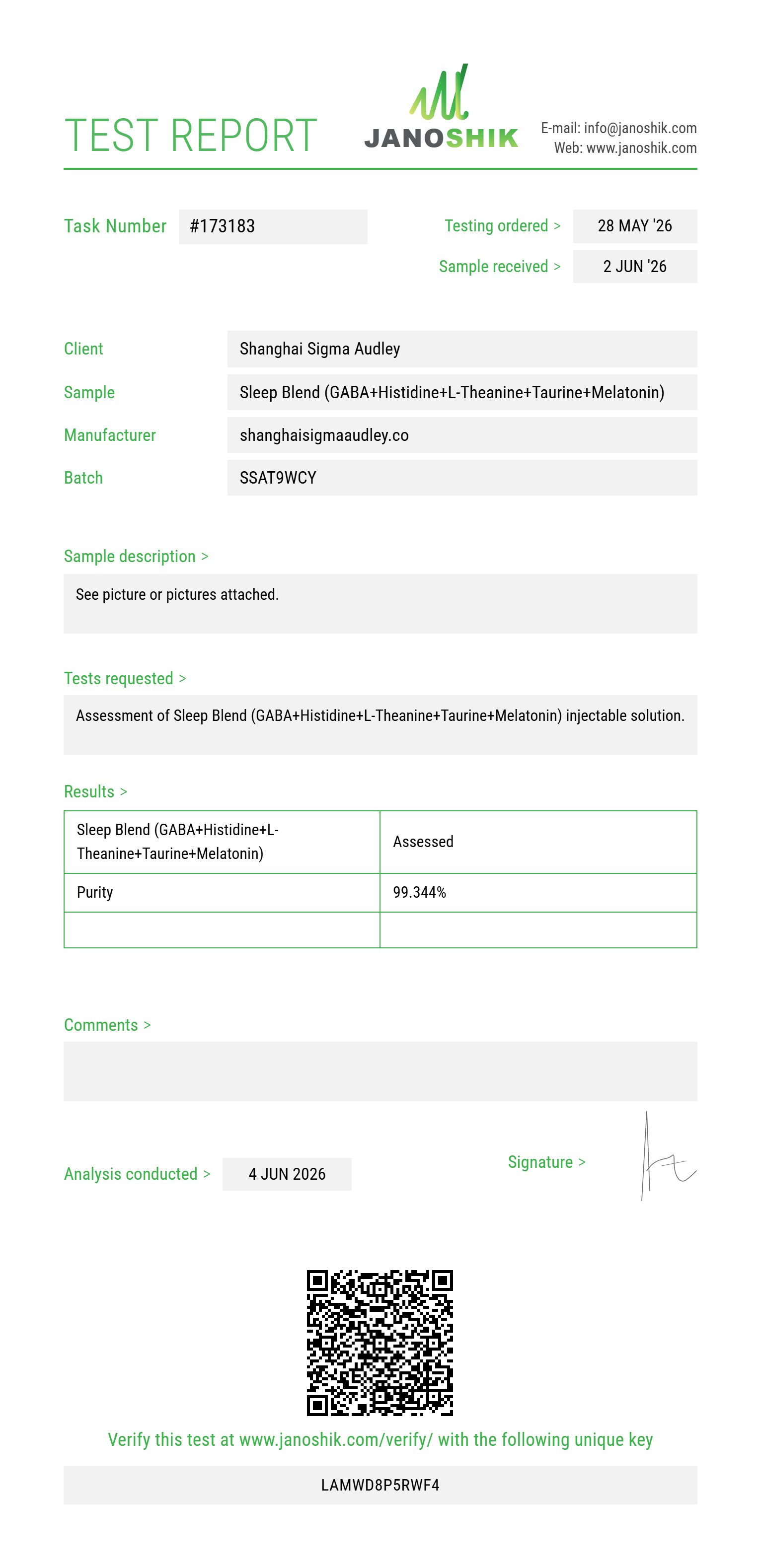 Sleep Blend (GABA 100mg+Histidine 100mg+L-Theanine 50mg+Taurine 100mg+Melatonin 2mg) Purity Test Report by Medu Laboratories