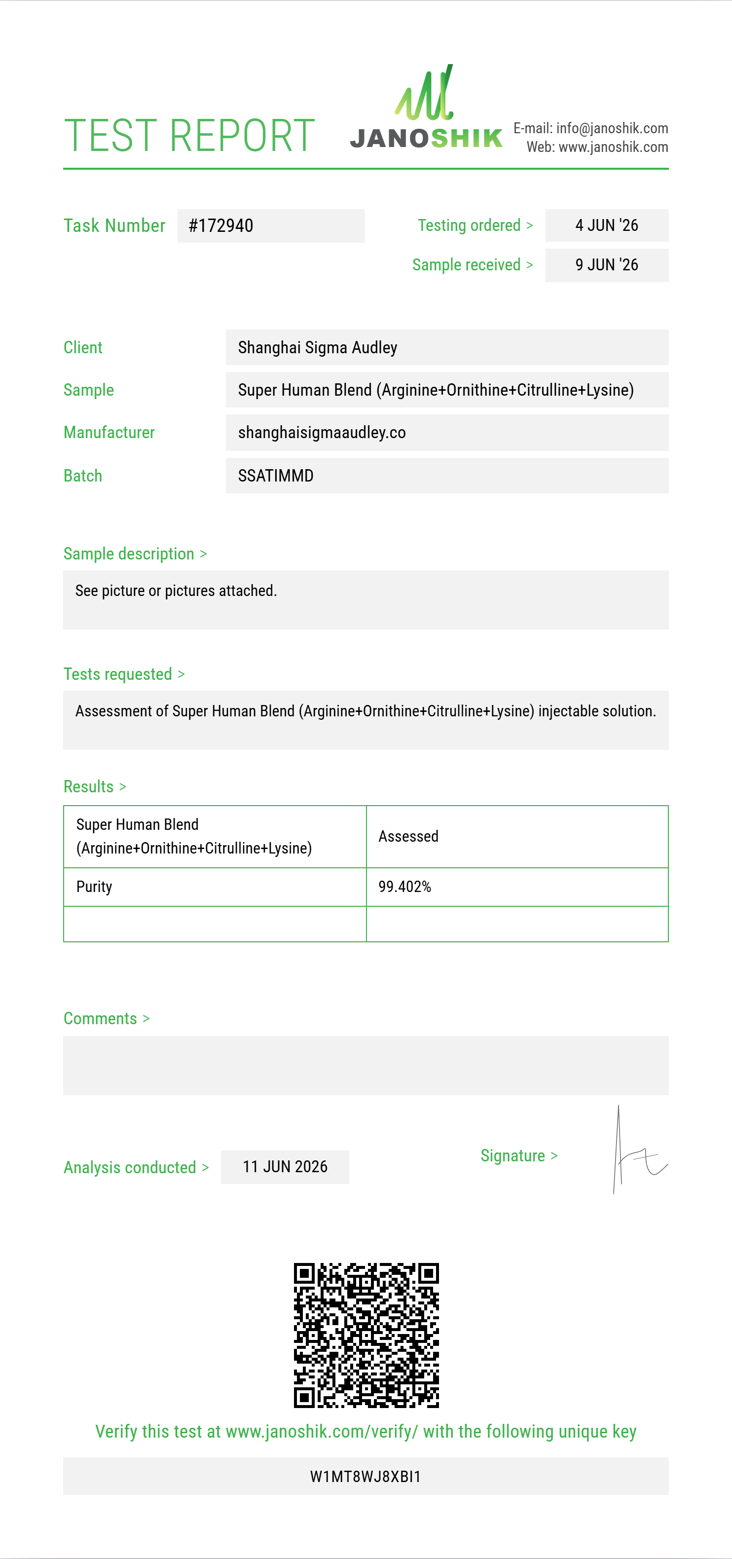 Super Human Blend (Arginine+Ornithine+Citrulline+Lysine+Glutamine+Proline+Taurine+Carnitine+NAC) Purity Test Report by Medu Laboratories