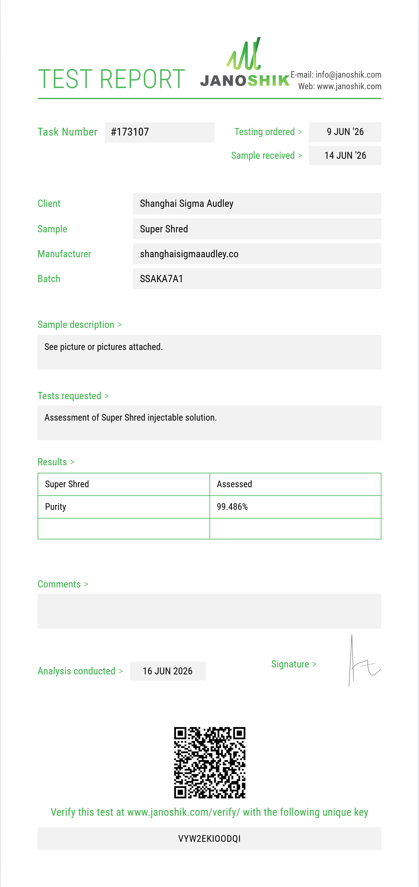 Super Shred Purity (HPLC) report by Janoshik Analytical