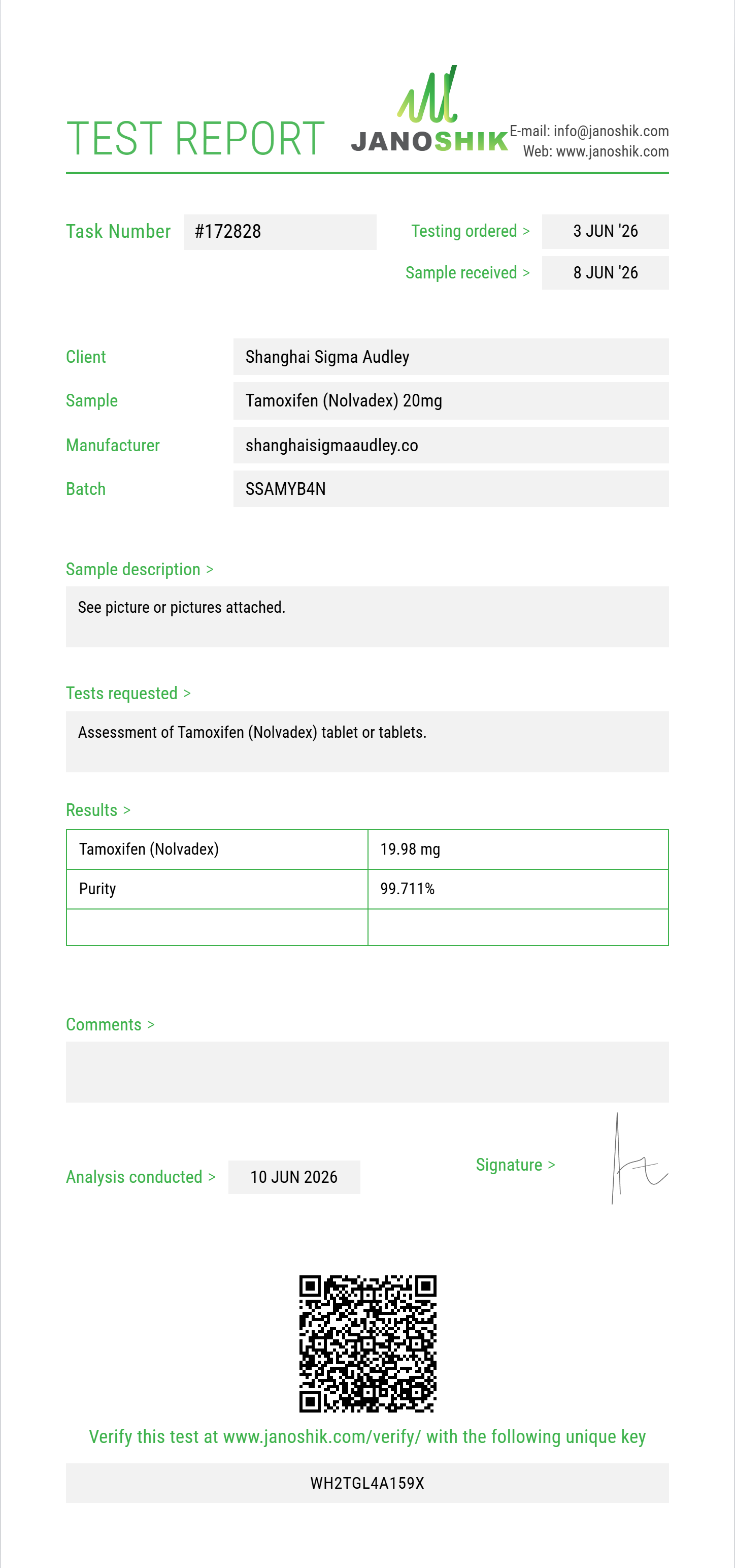 Tamoxifen (Nolvadex) Purity (HPLC) report by Janoshik Analytical