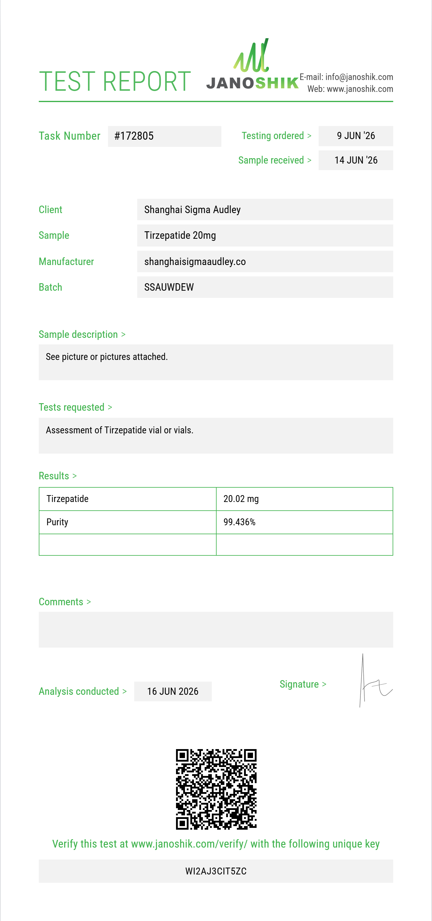 Tirzepatide Purity (HPLC) report by Janoshik Analytical