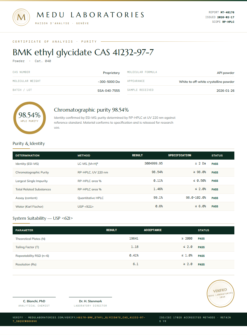 BMK ethyl glycidate CAS 41232-97-7 Purity Test Report by Medu Laboratories