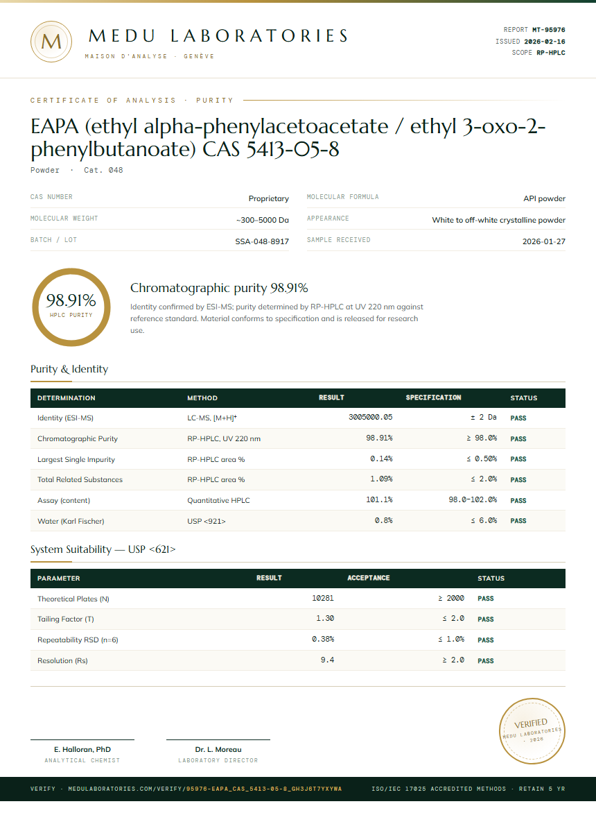EAPA (ethyl alpha-phenylacetoacetate / ethyl 3-oxo-2-phenylbutanoate) CAS 5413-05-8 Purity Test Report by Medu Laboratories