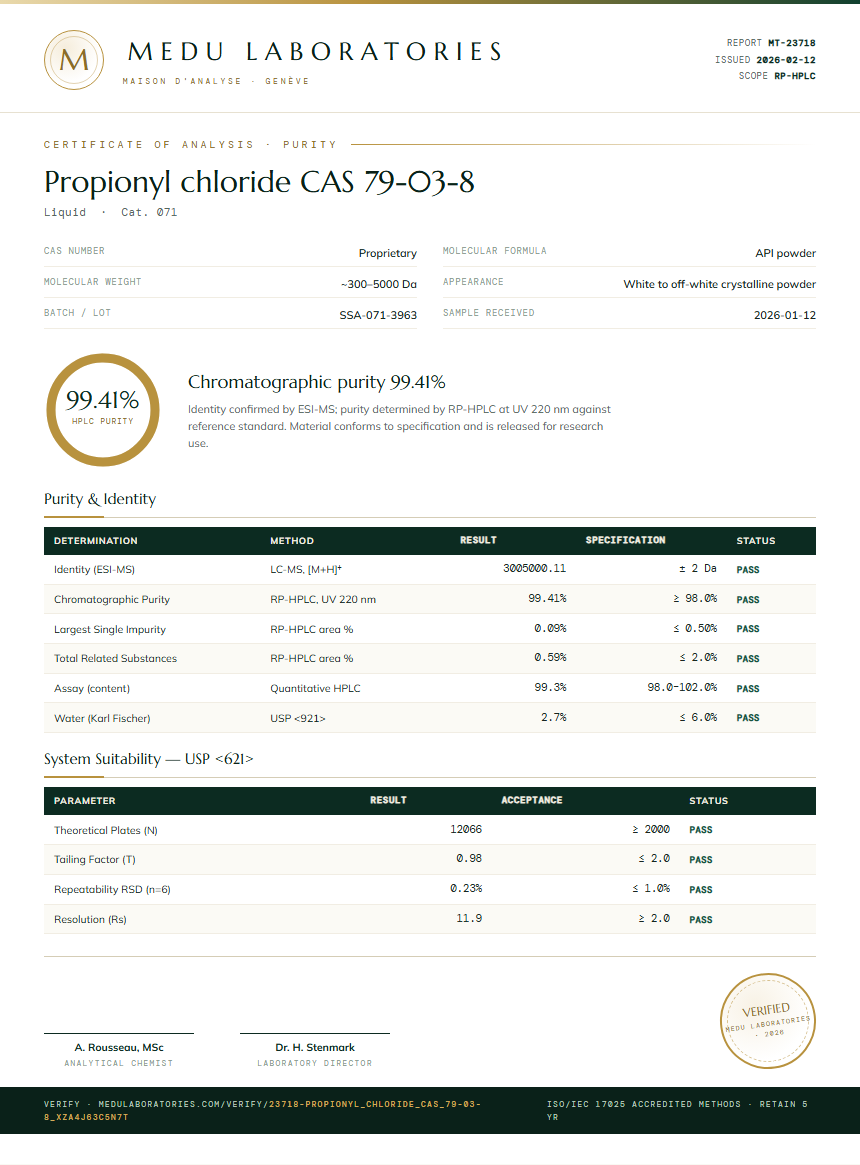 Propionyl chloride CAS 79-03-8 Purity Test Report by Medu Laboratories