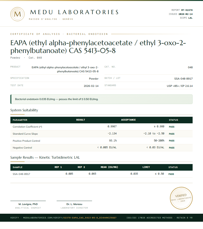 EAPA (ethyl alpha-phenylacetoacetate / ethyl 3-oxo-2-phenylbutanoate) CAS 5413-05-8 Endotoxin report by Medu Laboratories