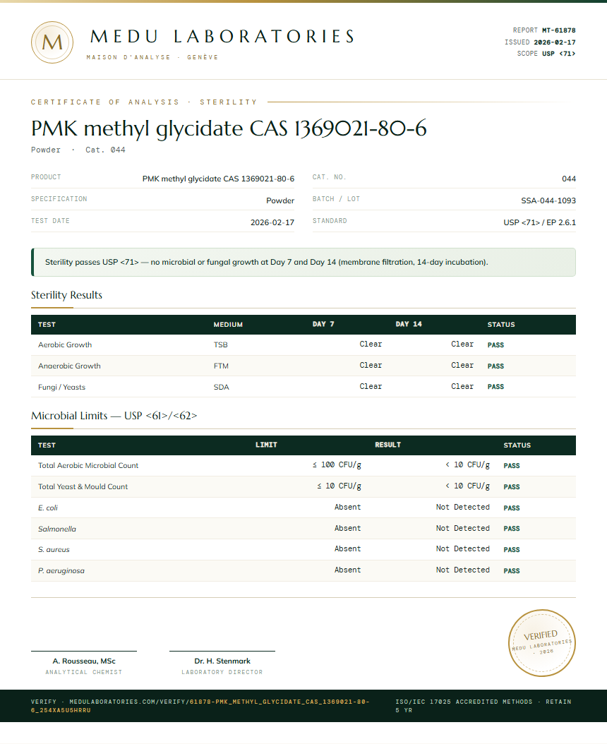 PMK methyl glycidate CAS 1369021-80-6 Sterility report by Medu Laboratories