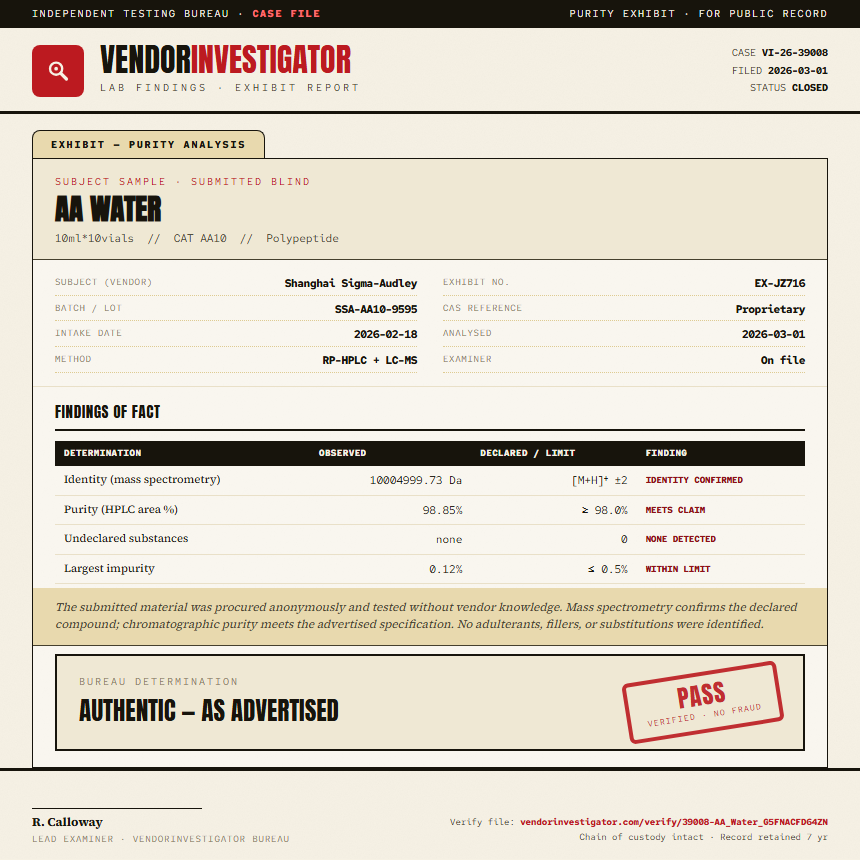 AA Water Purity (HPLC) report by VendorInvestigator
