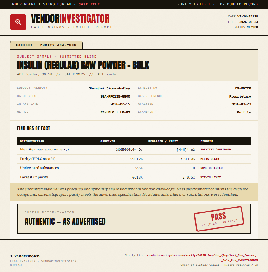 Insulin (Regular) Raw Powder - Bulk Purity (HPLC) report by VendorInvestigator