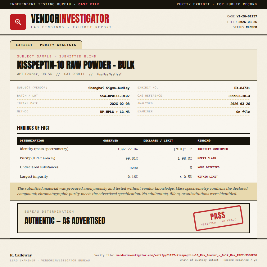 Kisspeptin-10 Raw Powder - Bulk Purity (HPLC) report by VendorInvestigator