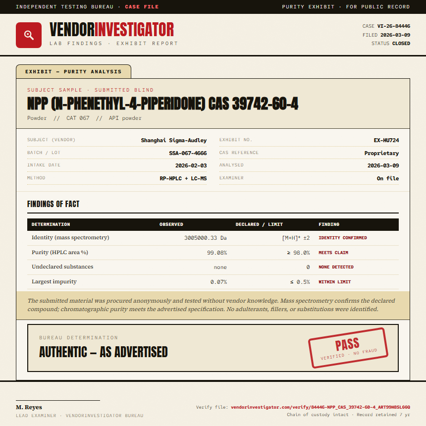 NPP (N-phenethyl-4-piperidone) CAS 39742-60-4 Purity (HPLC) report by VendorInvestigator