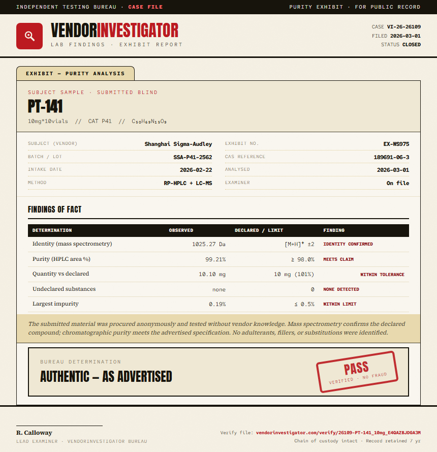 PT-141 Purity (HPLC) report by VendorInvestigator