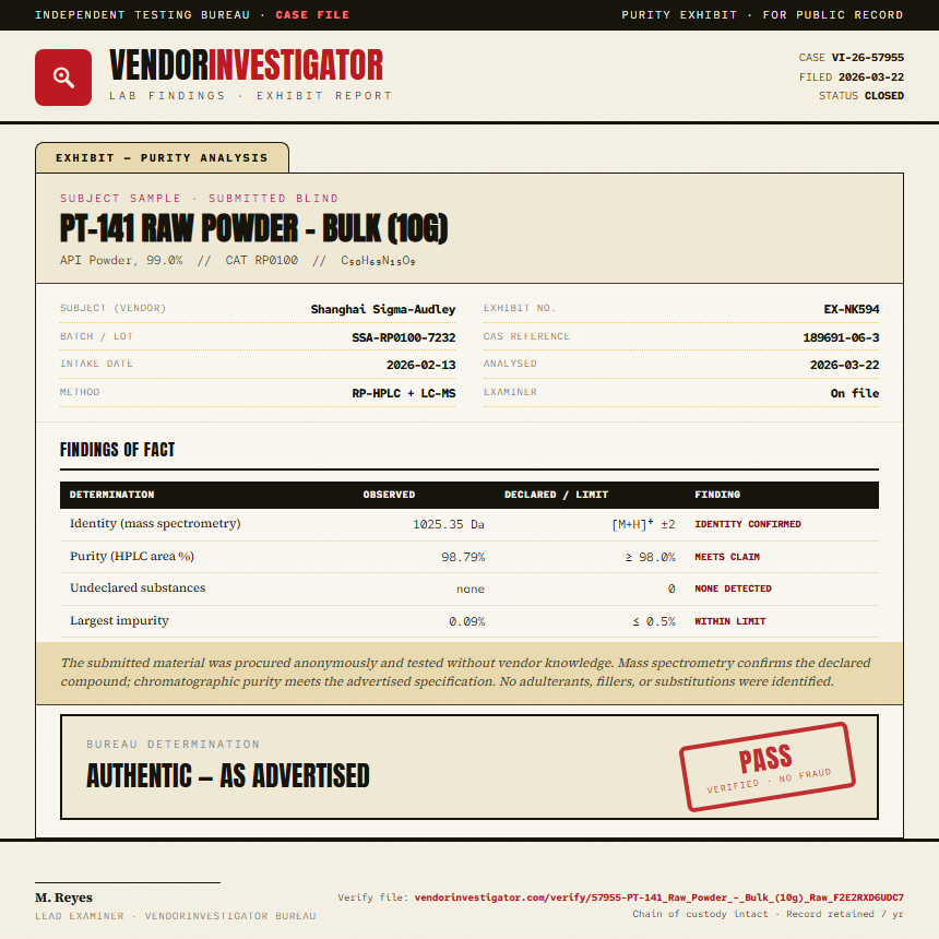 PT-141 Raw Powder - Bulk (10g) Purity (HPLC) report by VendorInvestigator