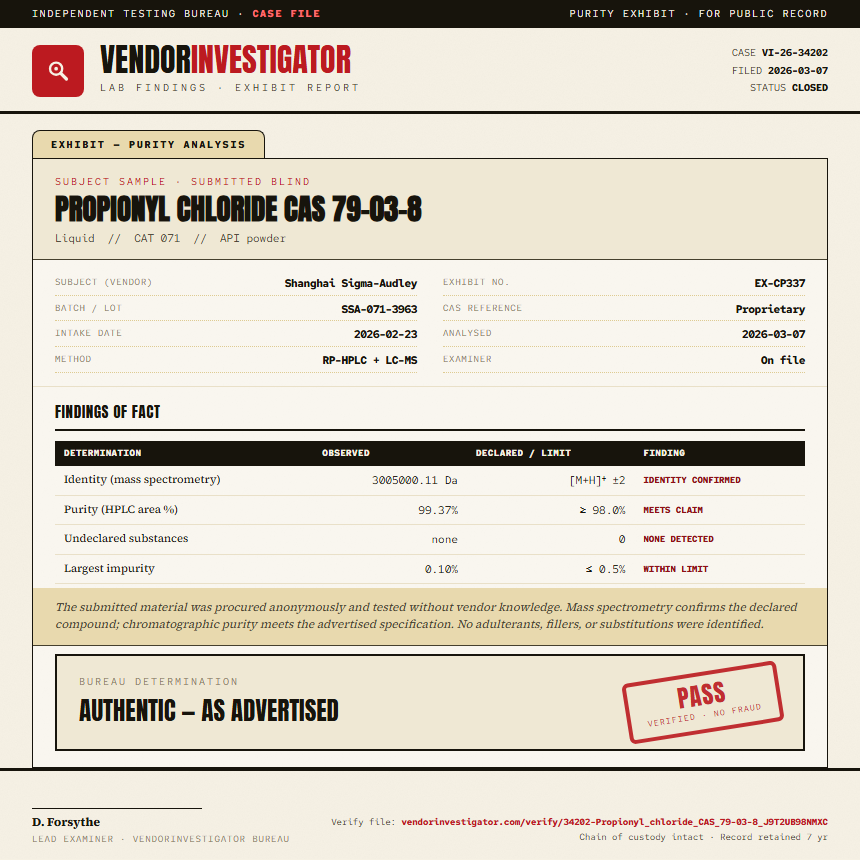 Propionyl chloride CAS 79-03-8 Purity (HPLC) report by VendorInvestigator