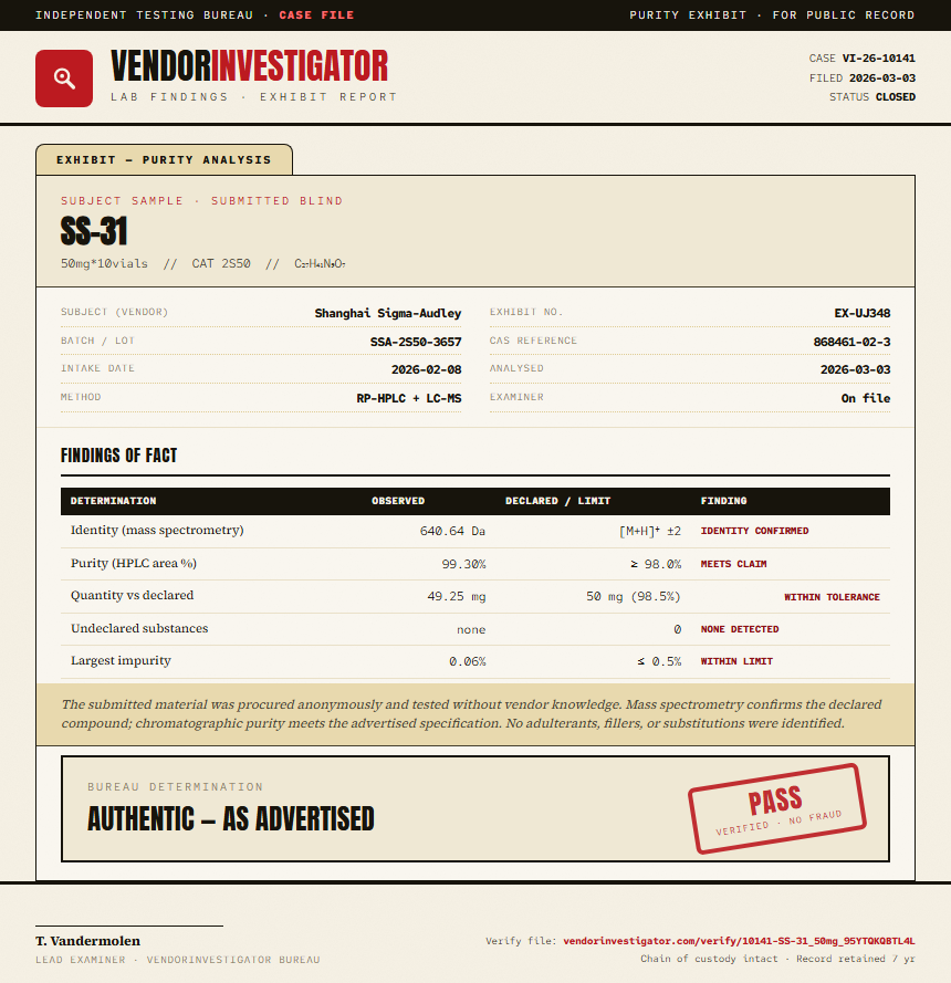 SS-31 Purity (HPLC) report by VendorInvestigator
