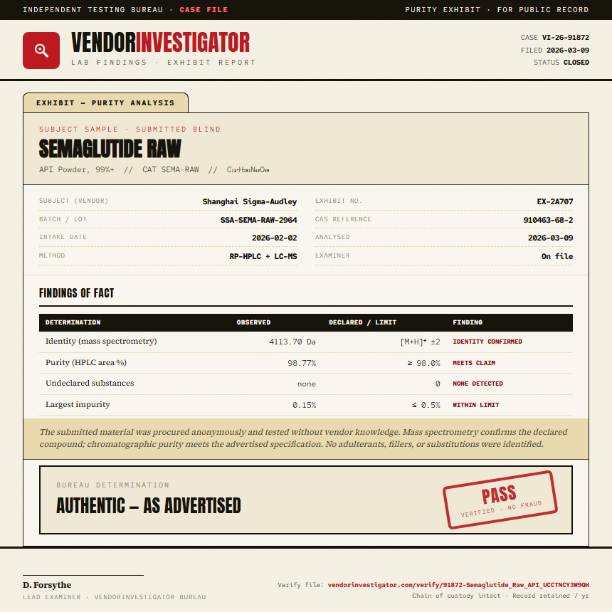 Semaglutide Raw Purity (HPLC) report by VendorInvestigator