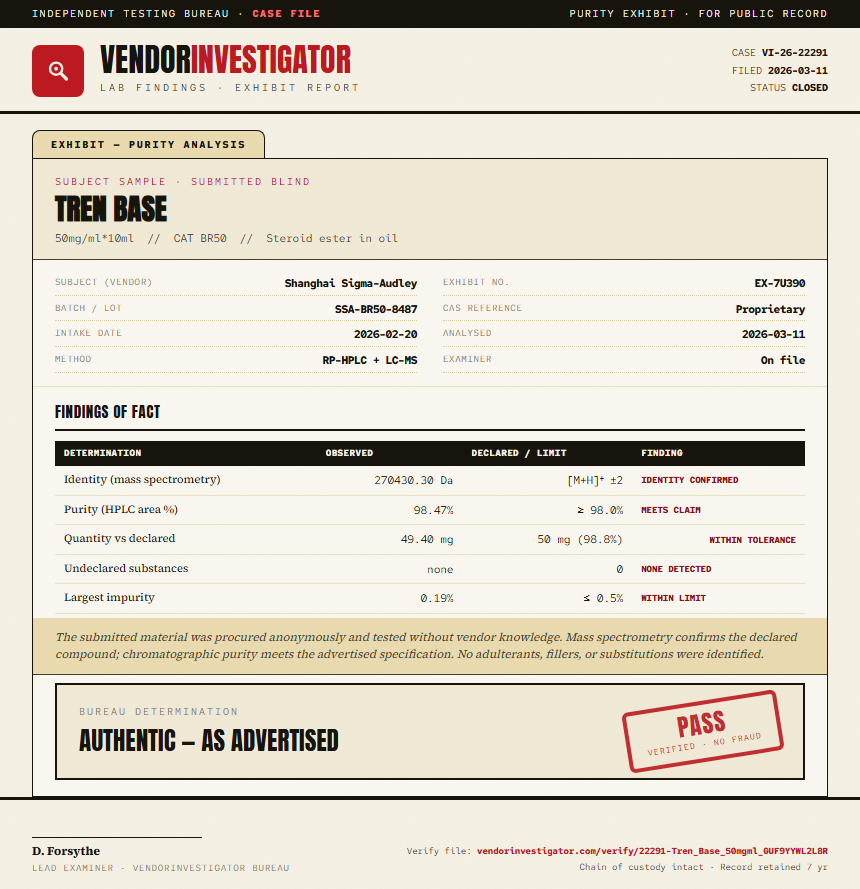 Tren Base Purity (HPLC) report by VendorInvestigator