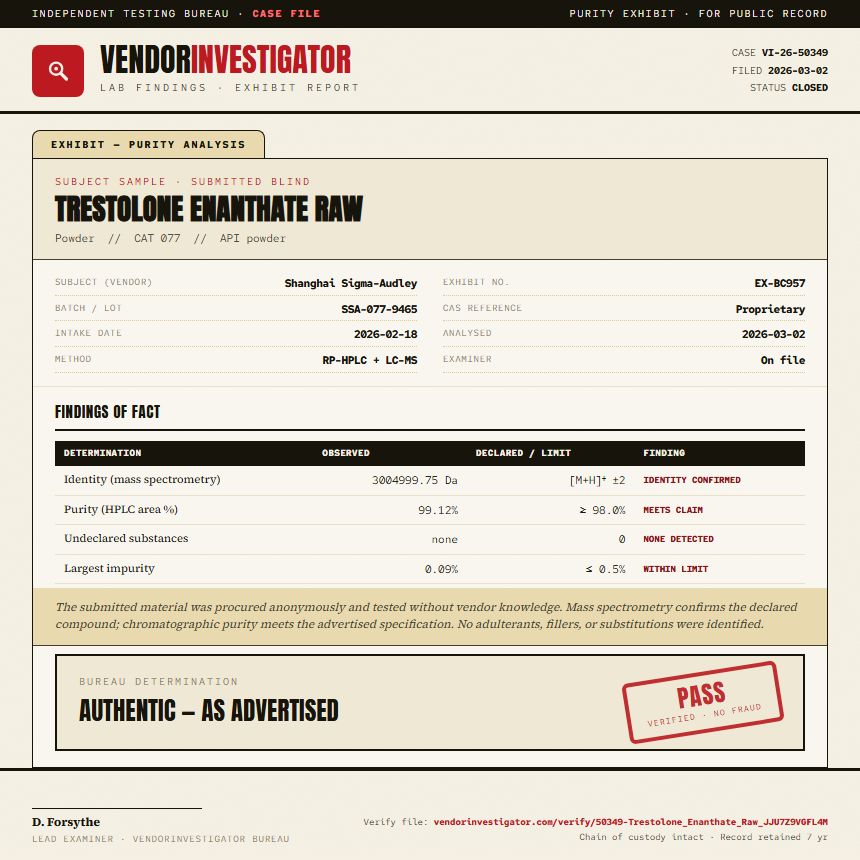 Trestolone Enanthate Raw Purity (HPLC) report by VendorInvestigator