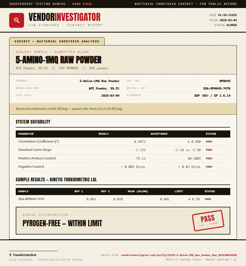 5-Amino-1MQ Raw Powder Endotoxin report by VendorInvestigator