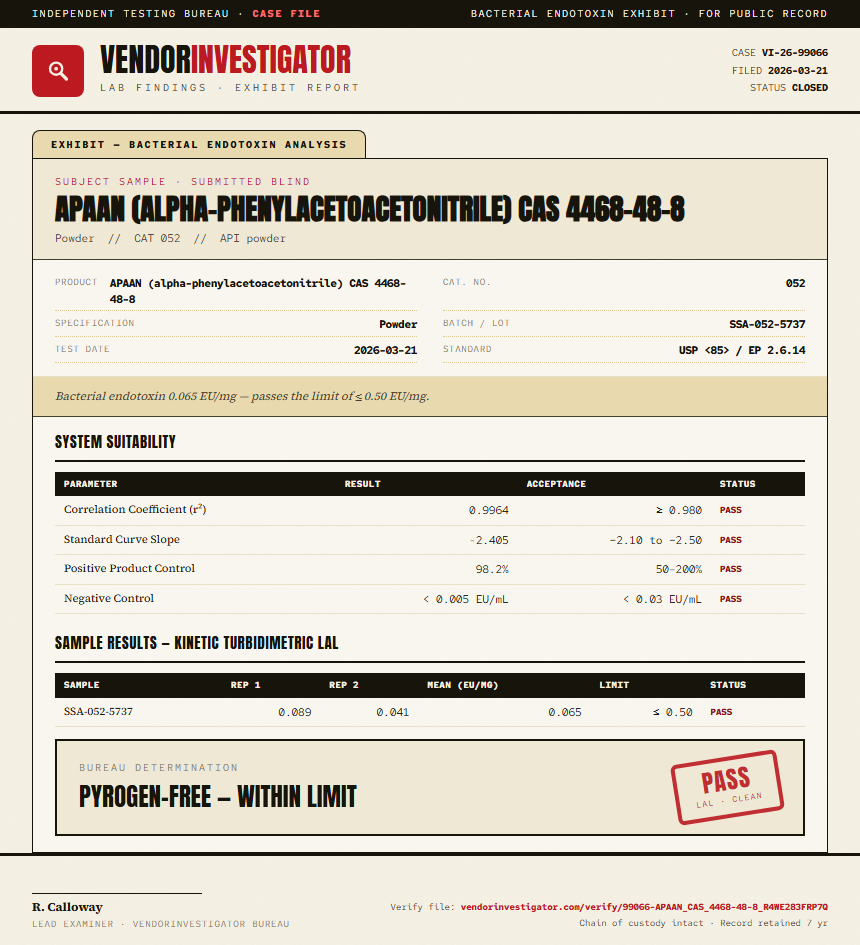 APAAN (alpha-phenylacetoacetonitrile) CAS 4468-48-8 Endotoxin report by VendorInvestigator