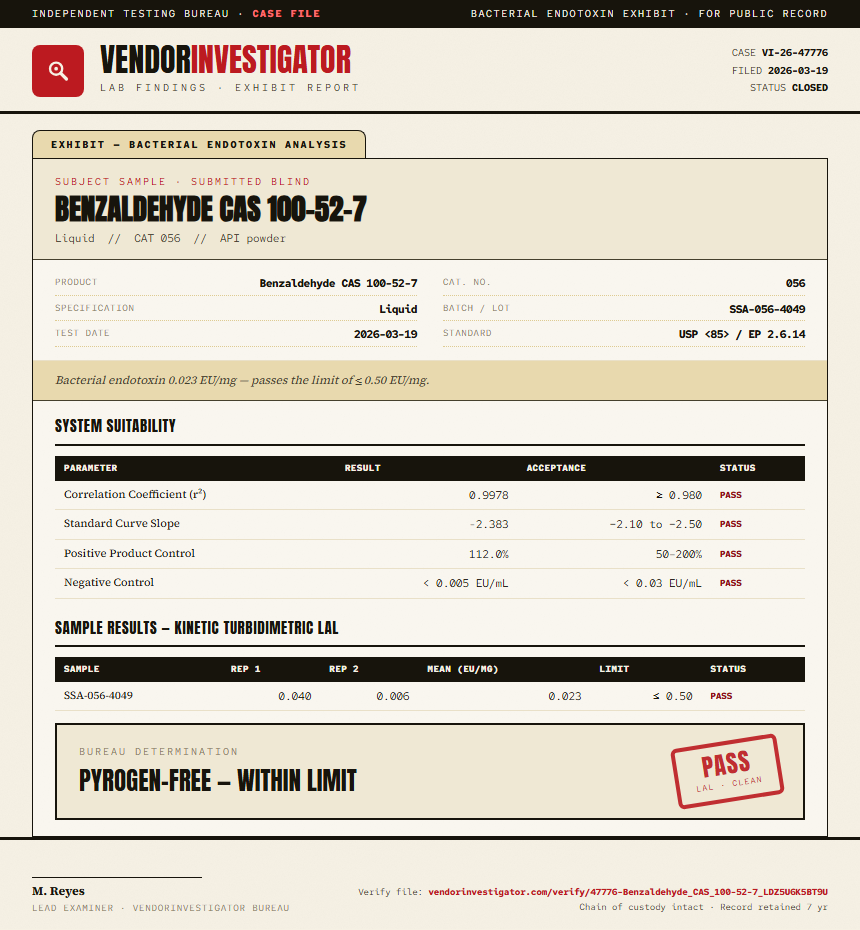Benzaldehyde CAS 100-52-7 Endotoxin report by VendorInvestigator