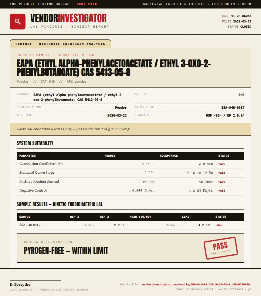 EAPA (ethyl alpha-phenylacetoacetate / ethyl 3-oxo-2-phenylbutanoate) CAS 5413-05-8 Endotoxin report by VendorInvestigator