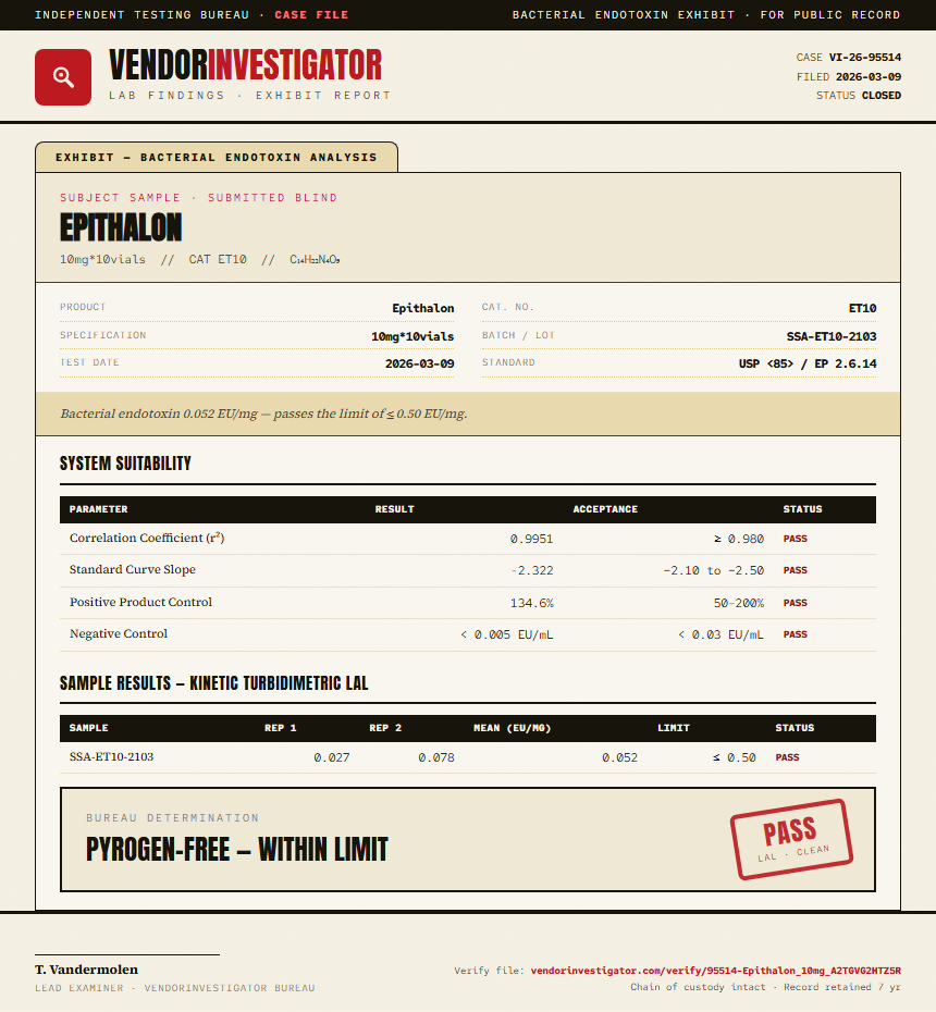 Epithalon Endotoxin report by VendorInvestigator