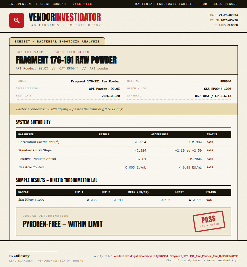 Fragment 176-191 Raw Powder Endotoxin report by VendorInvestigator