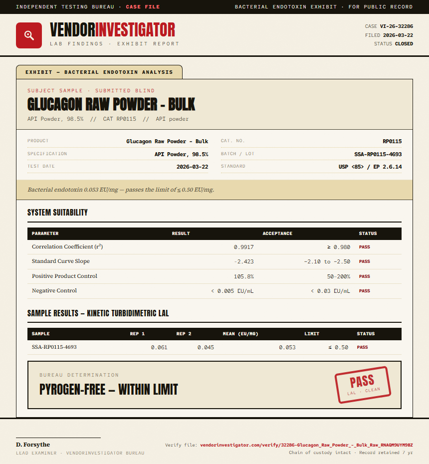 Glucagon Raw Powder - Bulk Endotoxin report by VendorInvestigator