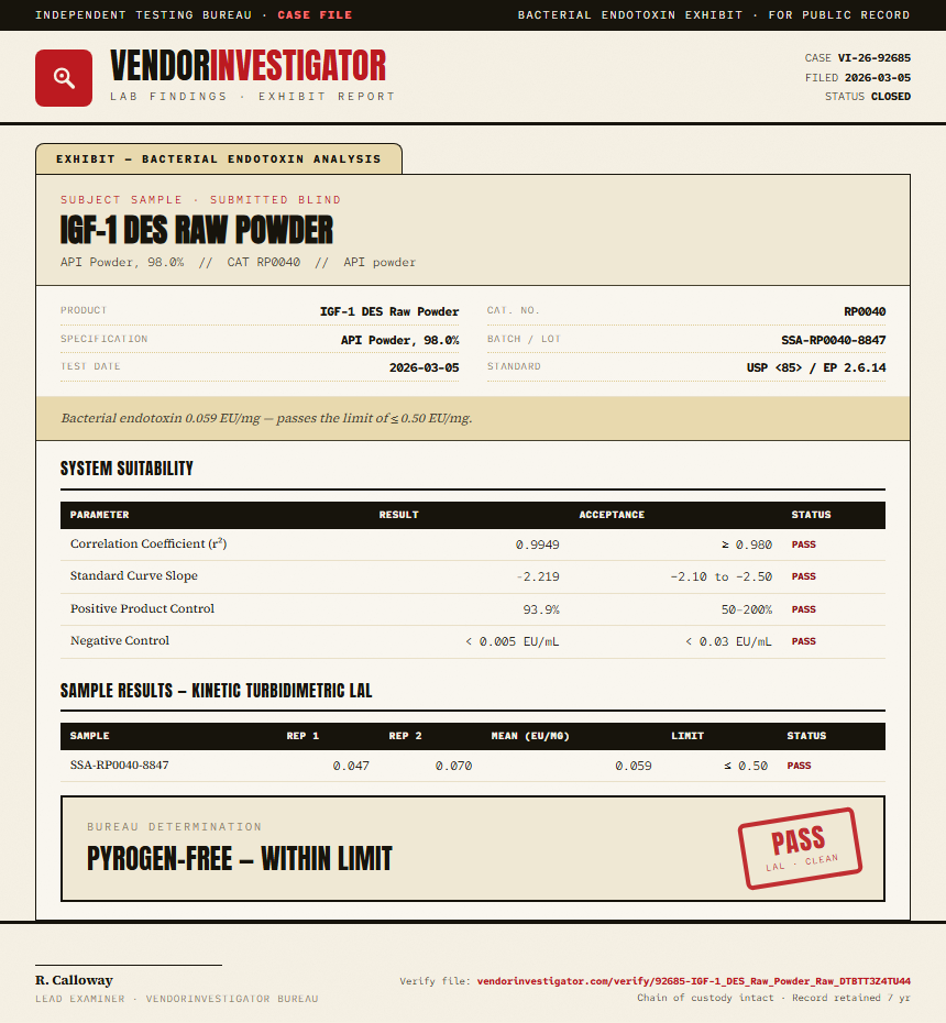 IGF-1 DES Raw Powder Endotoxin report by VendorInvestigator
