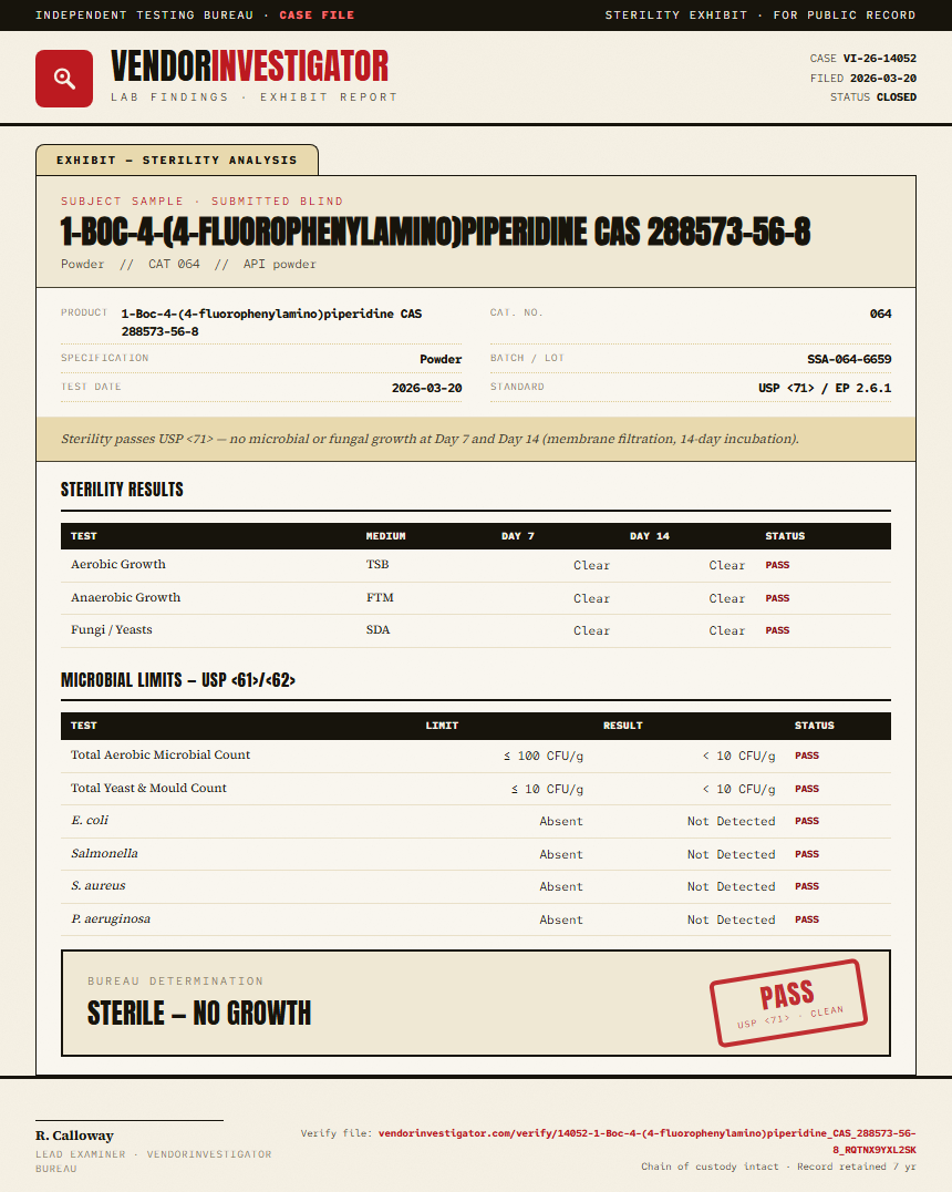 1-Boc-4-(4-fluorophenylamino)piperidine CAS 288573-56-8 Sterility report by VendorInvestigator
