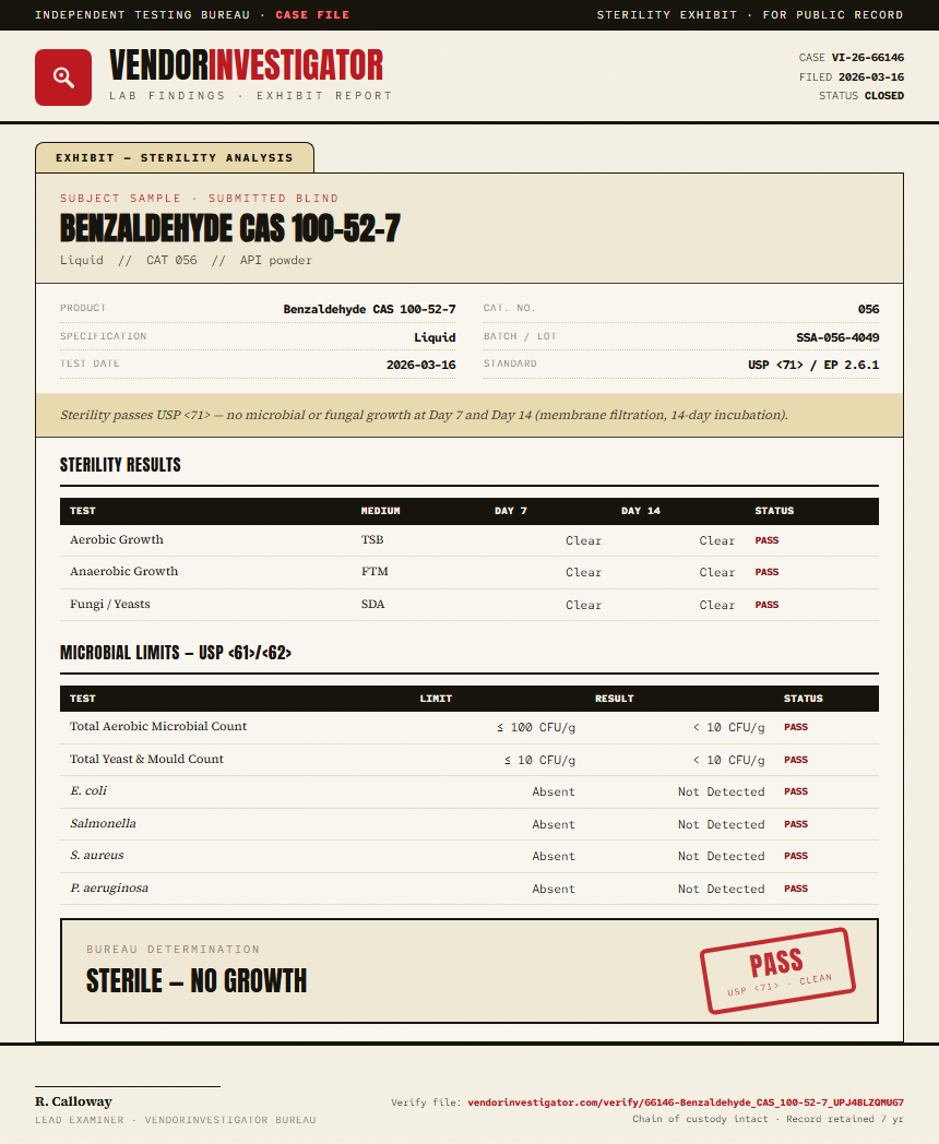 Benzaldehyde CAS 100-52-7 Sterility report by VendorInvestigator