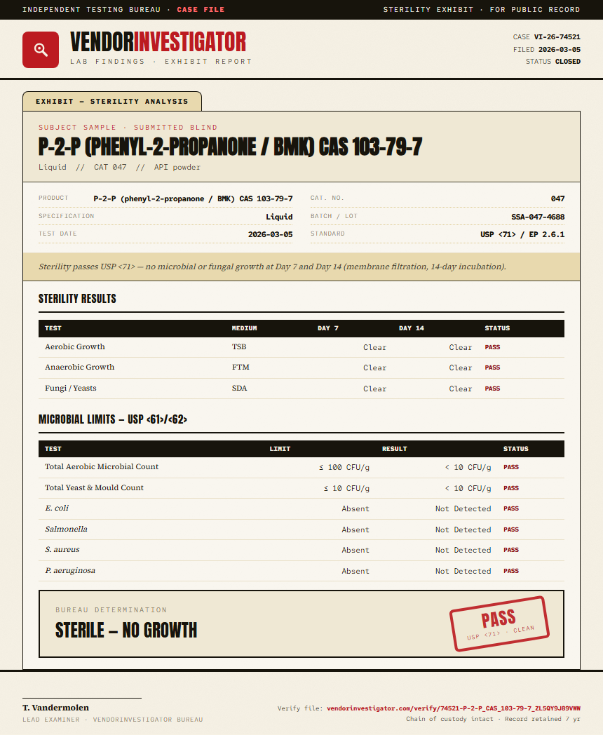 P-2-P (phenyl-2-propanone / BMK) CAS 103-79-7 Sterility report by VendorInvestigator