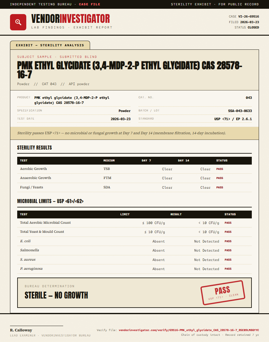 PMK ethyl glycidate (3,4-MDP-2-P ethyl glycidate) CAS 28578-16-7 Sterility report by VendorInvestigator