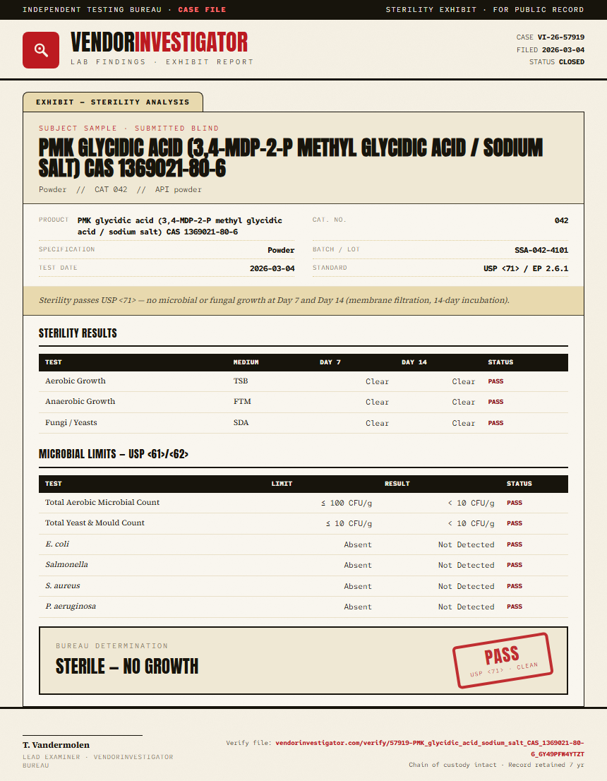 PMK glycidic acid (3,4-MDP-2-P methyl glycidic acid / sodium salt) CAS 1369021-80-6 Sterility report by VendorInvestigator