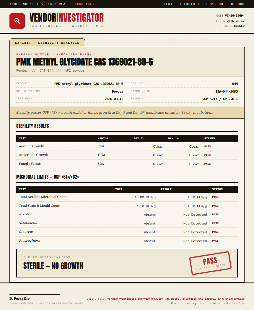 PMK methyl glycidate CAS 1369021-80-6 Sterility report by VendorInvestigator