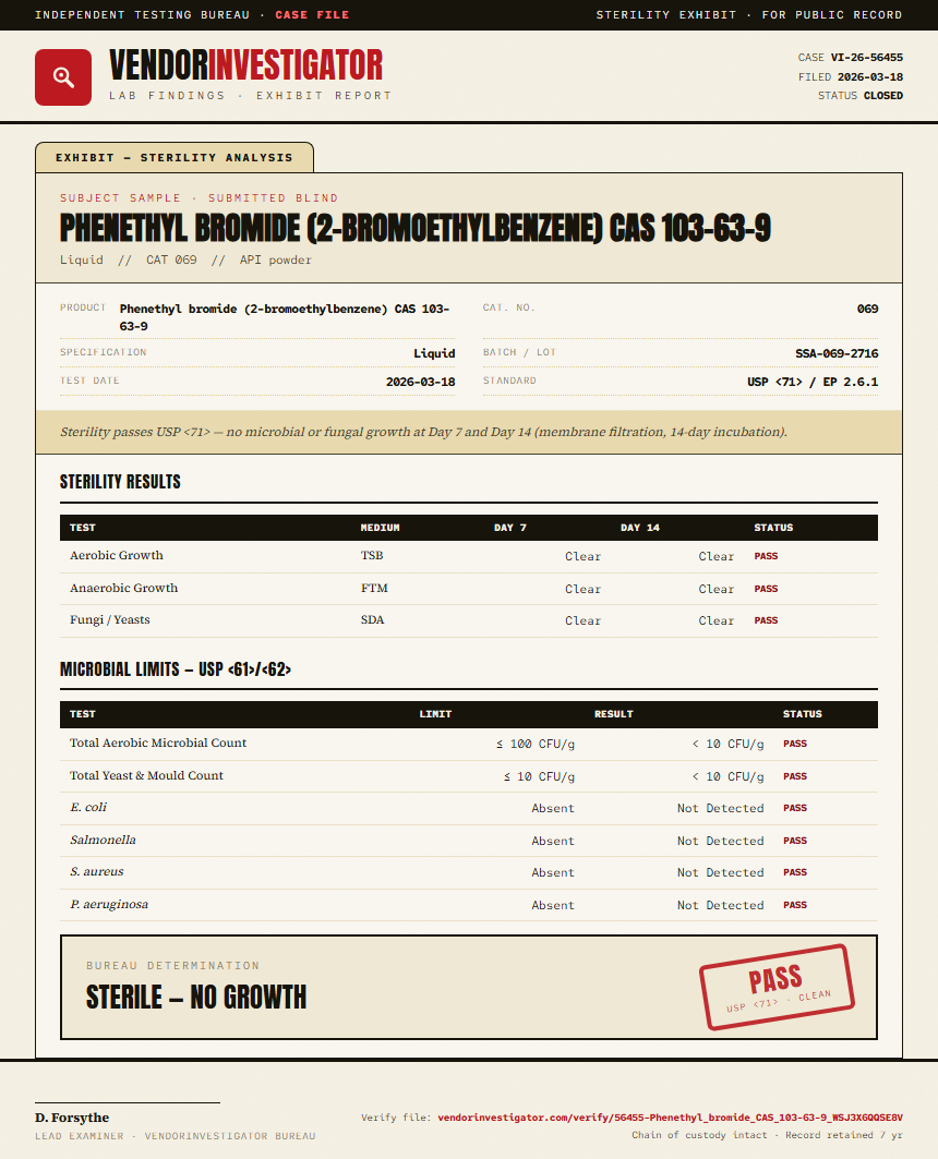 Phenethyl bromide (2-bromoethylbenzene) CAS 103-63-9 Sterility report by VendorInvestigator