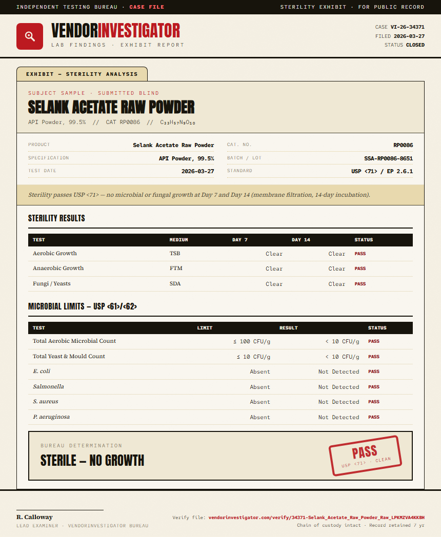Selank Acetate Raw Powder Sterility report by VendorInvestigator